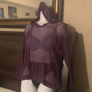 Sheer shimmering Purple hooded blouse NWOT